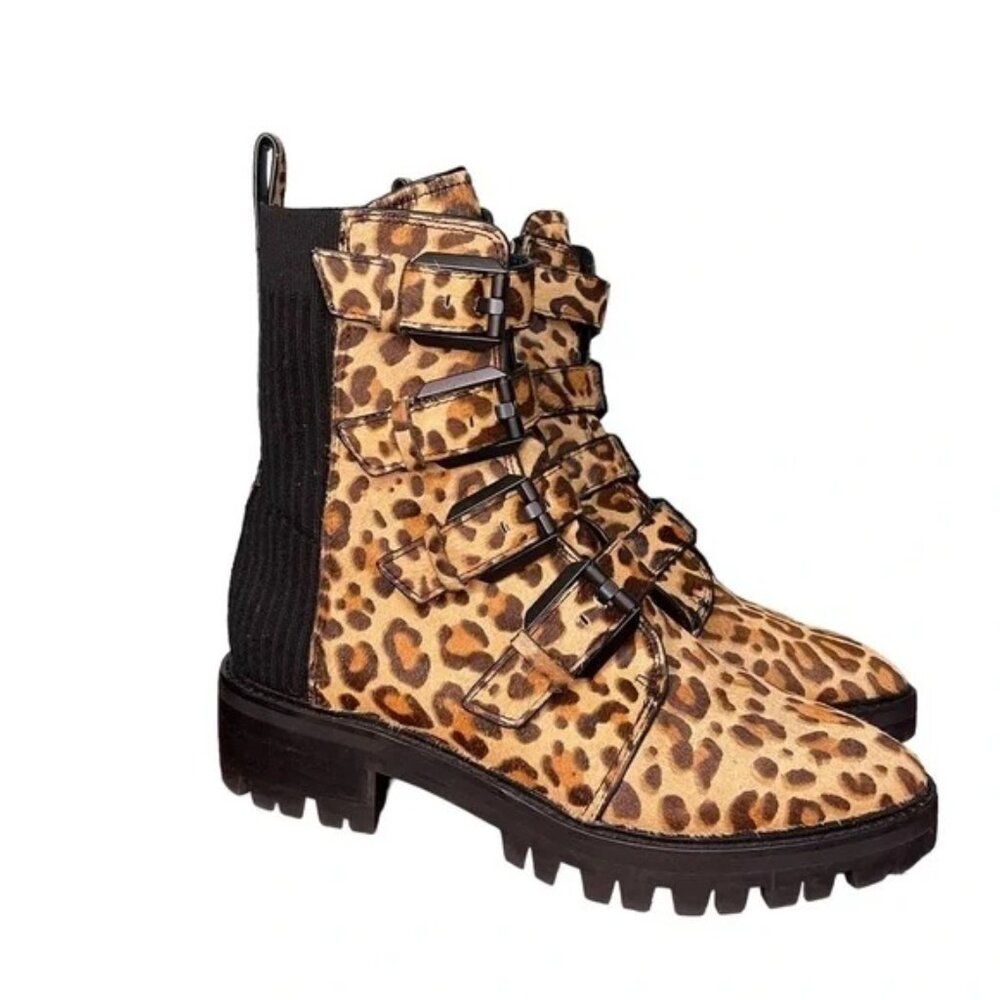 Dolce Vita Leopard Print Hair Combat Boots w/ Buckle Straps SZ 7